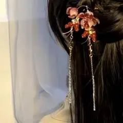 紅珠菱花流蘇小釵 赤金色髪飾り2点　中華風　結婚式　花見花火　着物和服浴衣　漢服