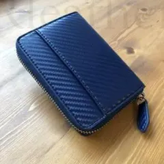 @カーボンレザー コンパクト財布 ミニ財布 ラウンドジップ ネイビー