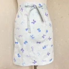 ハンドメイド　コットン　リネン　リボン柄　ショート丈　カフェエプロン　丈夫