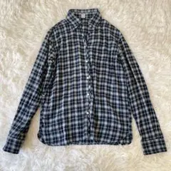 カジュアル　長袖　チェックシャツ　スキッパー　ラウンドカット　ネイビー　L
