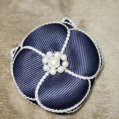 美品　花コサージュ　ネイビー