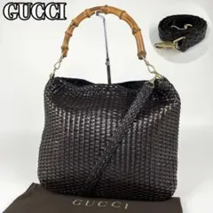 美品■グッチ バンブー ショルダーバッグ 2way 編み込み ダークブラウン