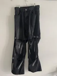 ALAND ブラック ダメージ加工 ワイドレッグデニムパンツ