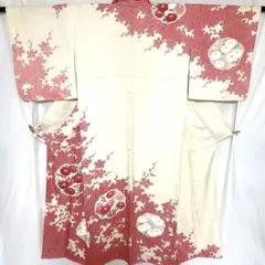 2m2027 着物 正絹 袷 訪問着 白 赤 グレー 花柄 和装
