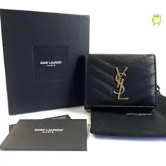 美品 SAINT LAURENT サンローラン 三つ折り財布 ブラック×ゴールド