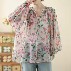 シフォン ブラウス Vネック 気質満点 長袖 トップス 綺麗め プリント