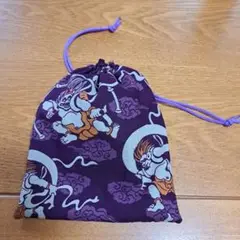 風神雷神図　紫　裏地付き　和柄　巾着袋　ハンドメイド