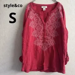 style&co 赤色 刺繍入り 長袖トップス S レッド チュニック レトロ