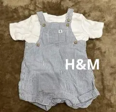 H&M ストライプ オーバーオールロンパース 半袖ボディースーツ2点セット