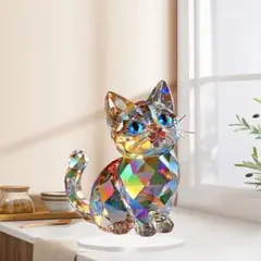 2D虹色クリスタル猫の置物 20CM