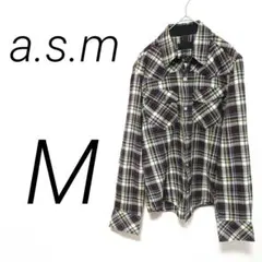 a.s.mブラウン系チェックネルシャツM カジュアル　前面チャック　ボタン