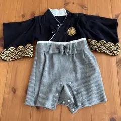 袴 はかま ロンパース 男の子 初節句 正月 和装 着物 クマ 黒 70 80