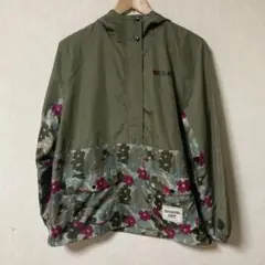 OUTDOOR プルオーバー　フード付　カーキ　花柄　サイズＬ