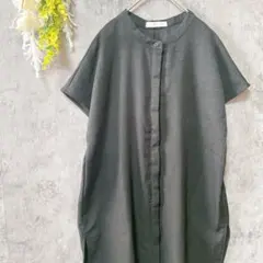 ショコラフィネローブ　バンドカラーシャツ　ひざ丈ワンピース　半袖　比翼ボタン　M