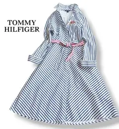 トミーヒルフィガー　ストライプ柄シャツワンピース　エンブレム　ウエストリボン