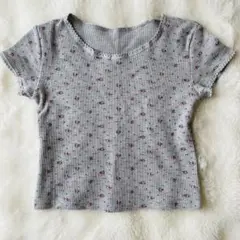 ピコットトリム ワッフル 花柄 プリント Tシャツ フラワー ミニT クロップド