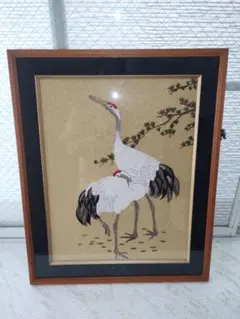 鶴の刺繍絵画 金色背景