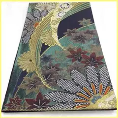 【振袖用帯】338*西陣 振袖用 袋帯 六通 菊 紅葉 波 緑