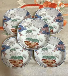 有田焼　賞美堂　其泉窯　春秋文　中皿揃　５枚セット　染錦　金彩　銘々皿　未使用品 有田焼 賞美堂 其泉窯 染錦 大皿 盛皿 飾り皿 輪花皿 色絵 金彩