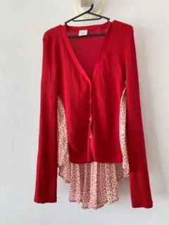MIHARA YASUHIRO レッド デザインカーディガン 赤 フリル花柄