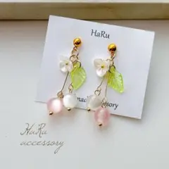 【 H18 】リーフ×フラワー ピンク ピアスorイヤリング