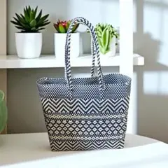 新品　メキシコ　オアハカ製　青×白　メルカドバッグ