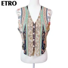 【美品】エトロ ベスト ジレ ボタン 44 ペイズリー 総柄　ベージュ×紺×緑