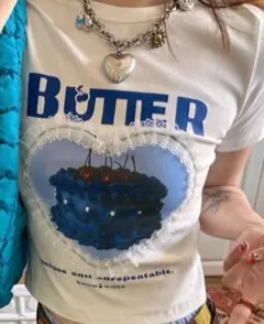 ハートケーキプリント×レース 半袖Tシャツ