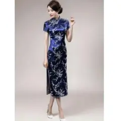 チャイナドレス ロング 梅木模様 青