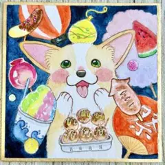 手描きイラスト コーギー 夏祭り