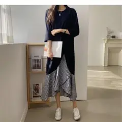 新品タグ付き　切り替えワンピース　ロングワンピース　チェック柄　フレア　紺
