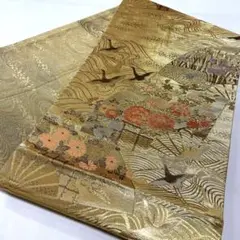 P2057 ●高級 正絹 片面全通 リバーシブル 袋帯 扇 鶴