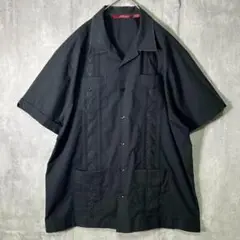オールブラック 刺繍 キューバシャツ オープンカラー 黒 XL