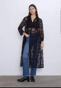 ZARA レースロングカーディガンワンピース
