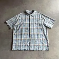 90s CHAPS リネン チェック 半袖シャツ 短丈 ボックス ワイド 寒色