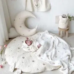 在庫処分価格！新品　円形クリーム色シーツ うさぎ刺繍入り　綿　プレイマット敷布団