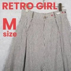 RETRO GIRL ストライプ ワイドパンツ ガウチョパンツ イラスト刺繍 M