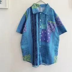 パッチワークプリントシャツ　レトロ　リゾートLサイズ