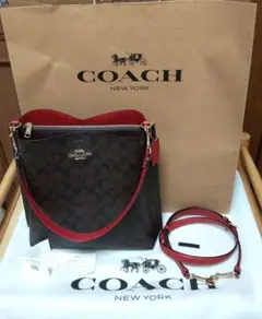 ◆コーチ◆COACH◆新品未使用トートバッグ◆茶色/黒バッグ◆裏地赤◆