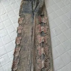 バタフライ刺繍デニムワイドレッグパンツ