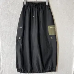 Material/ブラック カーゴロングスカート ウエスト総ゴム 裾ゴム入り