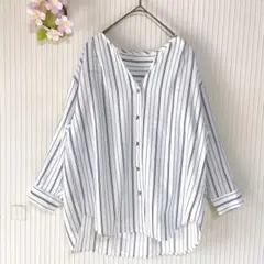 【ミッシェルクラン】 ノーカラー シャツ ブラウス (M) ストライプ