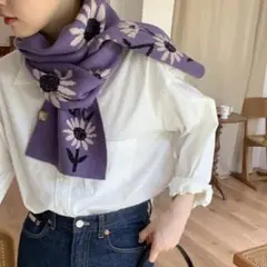 新作ニットマフラー厚手 冬 おしゃれ 防寒 暖かい 花柄ロングストール可愛い紫色