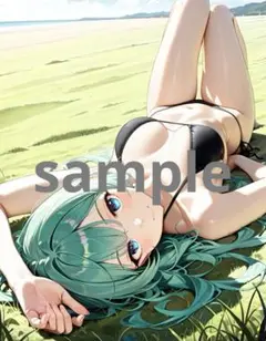 AI美女 アニメ イラスト A4ポスター 草原で寝そべる彼女@445