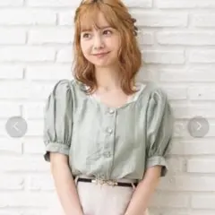 イング リネンブレンド パフスリーブ シアースクエアネックブラウス
