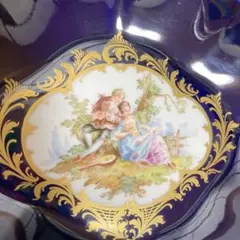 マイセン コバルト恋人文オーバルプレート 金彩