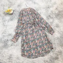 【ニンフ】ロングワンピース バンドカラー (２) 総柄 ウエストりぼん