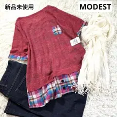 新品未使用　MOD EST 半袖ニットトップス チェック柄　シースルー　M〜 L