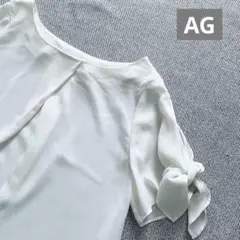 美品【AG】やわらかホワイトシフォンリボン付き半袖シャツ