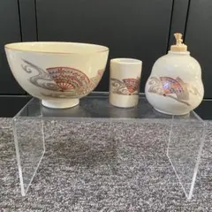 茶道具4点 仁清小茶碗 茶巾筒 振り出し 茶巾 箱有